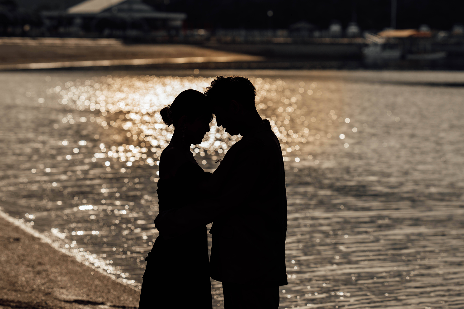 夕日の美しい海岸にたたずむカップル、逆光